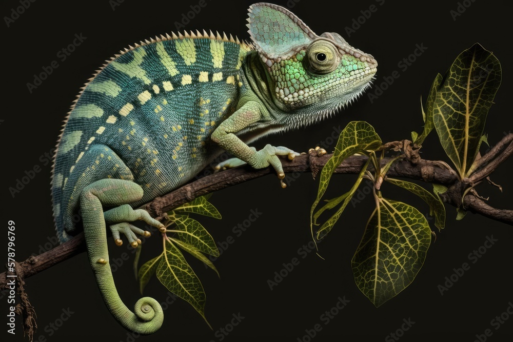 A chameleon against a black background, a reptile perched on a branch, etc. Generative AI A chameleon against a black background, a reptile perched on a branch, etc. Generative AI