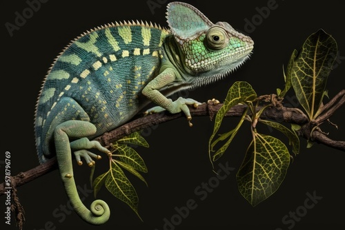 A chameleon against a black background  a reptile perched on a branch  etc. Generative AI