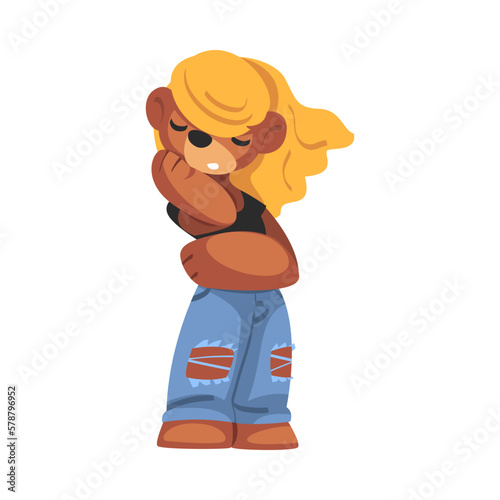 Cute blonde bear girl character in fashionable outfit. Cool wild animal wearing jeans and tank top. T-shirt, print, poster, sticker design cartoon vector illustration