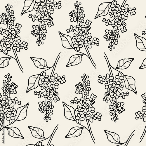 Line art lilacs flower seamless pattern