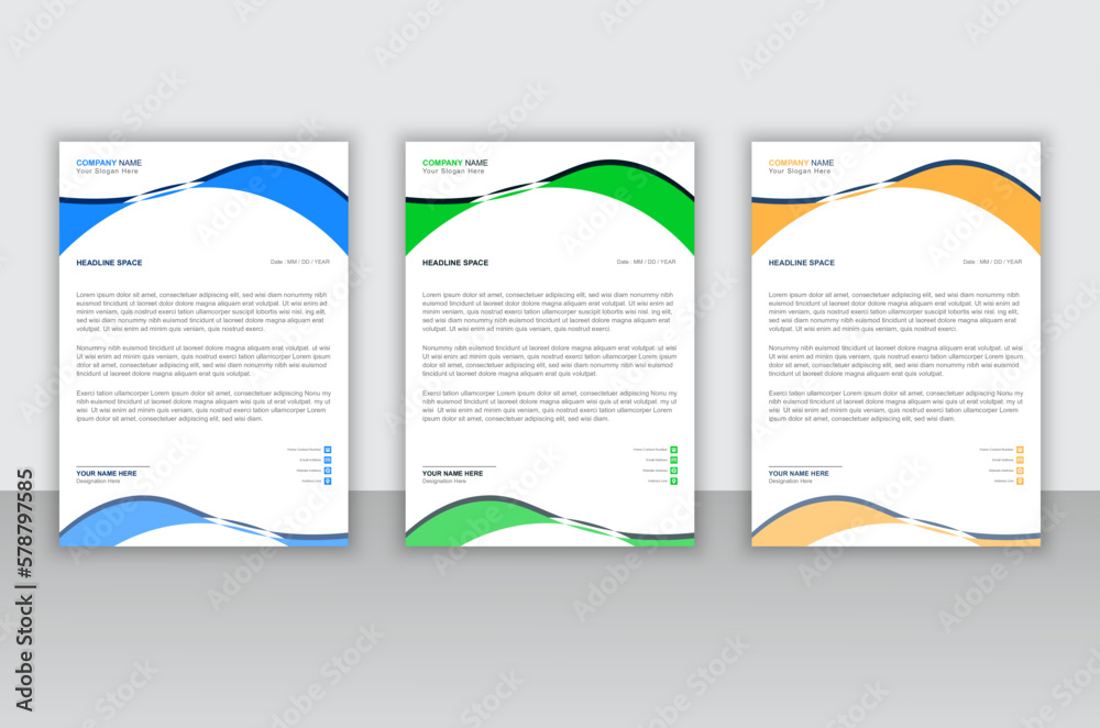 Fototapeta premium Awesome professional and modern company business letterhead template design with three color variation
