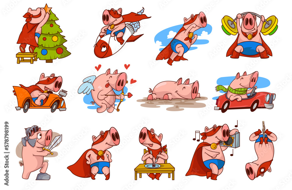 Obraz premium Pink Pig in Red Superhero Cloak and Mask Engaged in Different Activity Vector Set