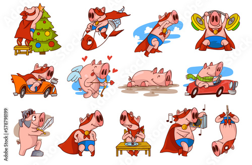 Pink Pig in Red Superhero Cloak and Mask Engaged in Different Activity Vector Set