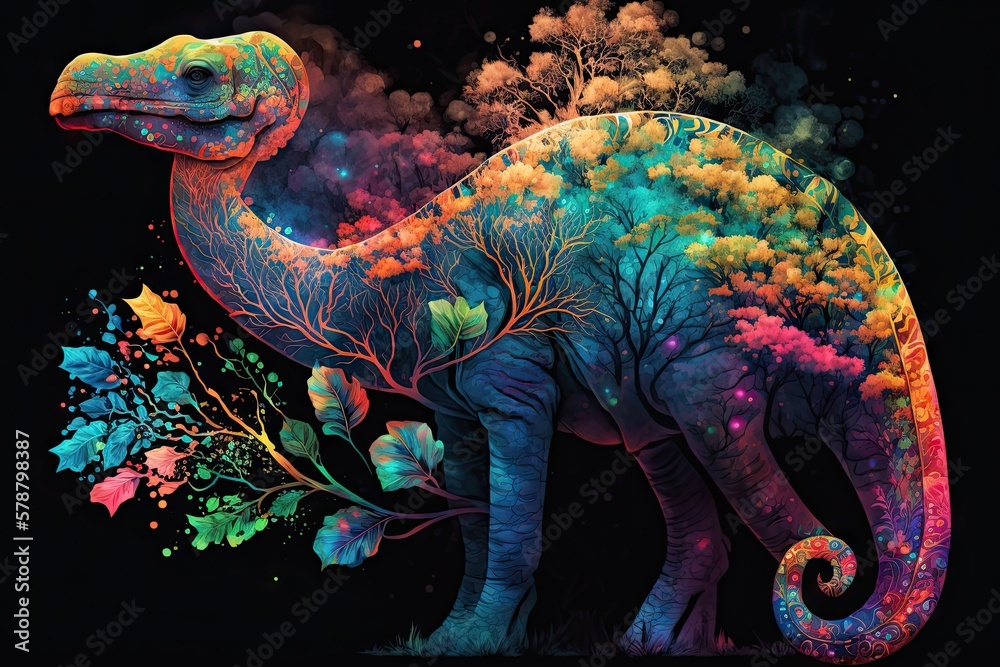 Obraz premium Blazing with Life: An Exotic Brontosaurus Adorned with Colorful Hues Generative AI