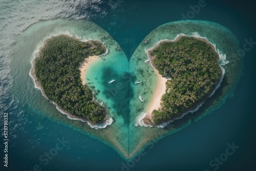 Flight over the two tropical islands in the shape of a heart in the midst of the ocean. This is an example of. Generative AI © 2rogan