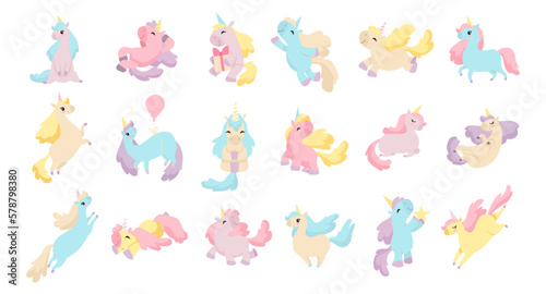 Set of cute unicorns in pastel colors. Childish print, stickers, room decor, creative nursery design cartoon vector