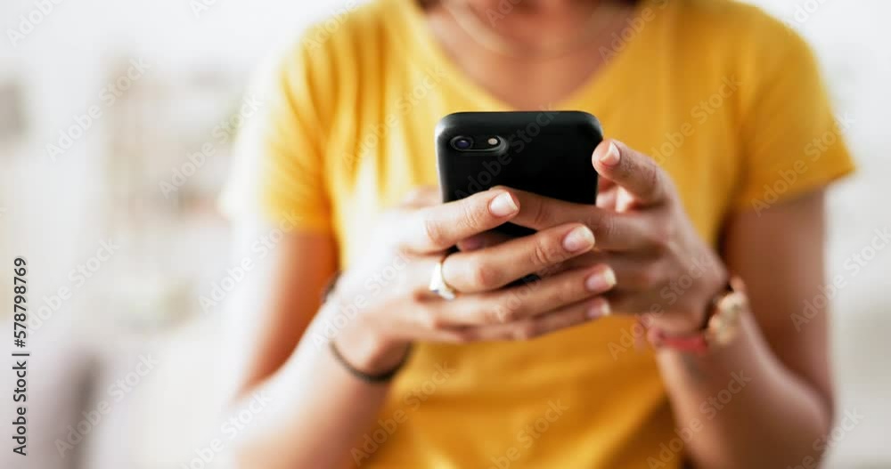 Smartphone in hands, woman with social media and communication, typing in chat with online scroll at home. Female relax in living room, technology and using phone with mobile app, email and contact
