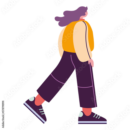 The girl takes a step forward, back view, cartoon style. Trendy modern vector illustration isolated on white background, hand drawn, flat