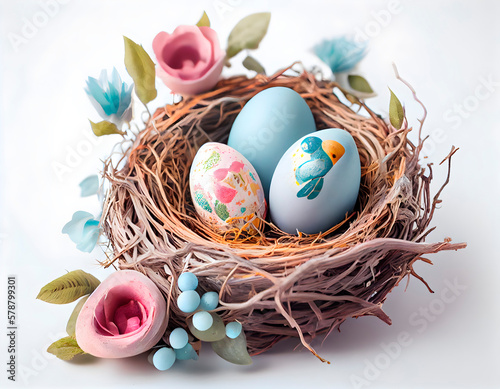 Studio photo of colorful vibrant colored Easter eggs in a nest with romantic floral decor, close up on a white background