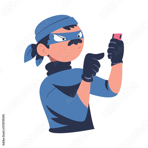 Masked cyber thief, hacker stealing personal data smartphone. Cyber security and crime, hacking and phishing attack cartoon vector illustration