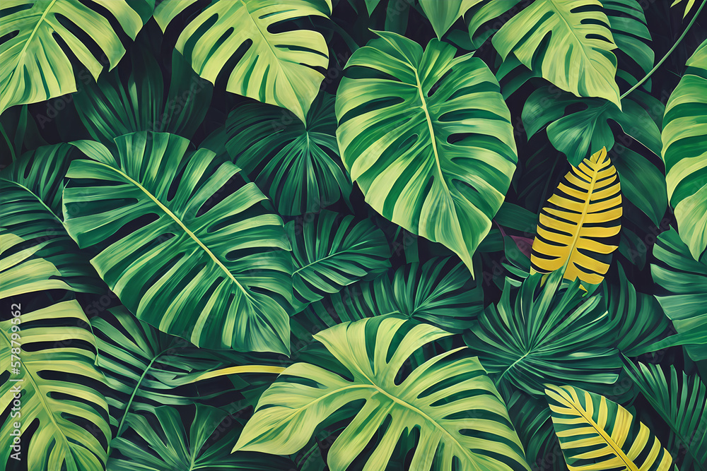 Decorative background with tropical plants and leaves. Generative AI Decorative background with tropical plants and leaves. Generative AI