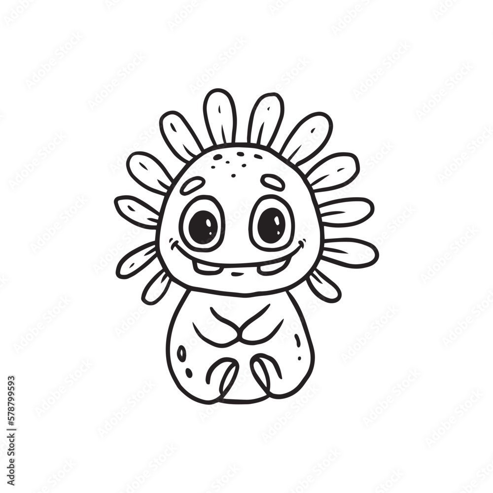 Cute cartoon monster with teeth on white background.Icon monster.Flower.Coloring.Vector illustration