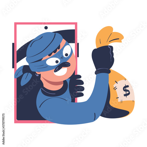 Masked hacker stealing money cybercrime from smartphone payment app. Cyber security and crime, spy access, hacker attack cartoon vector illustration