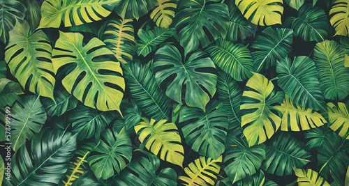 Decorative background with tropical plants and leaves. Generative AI