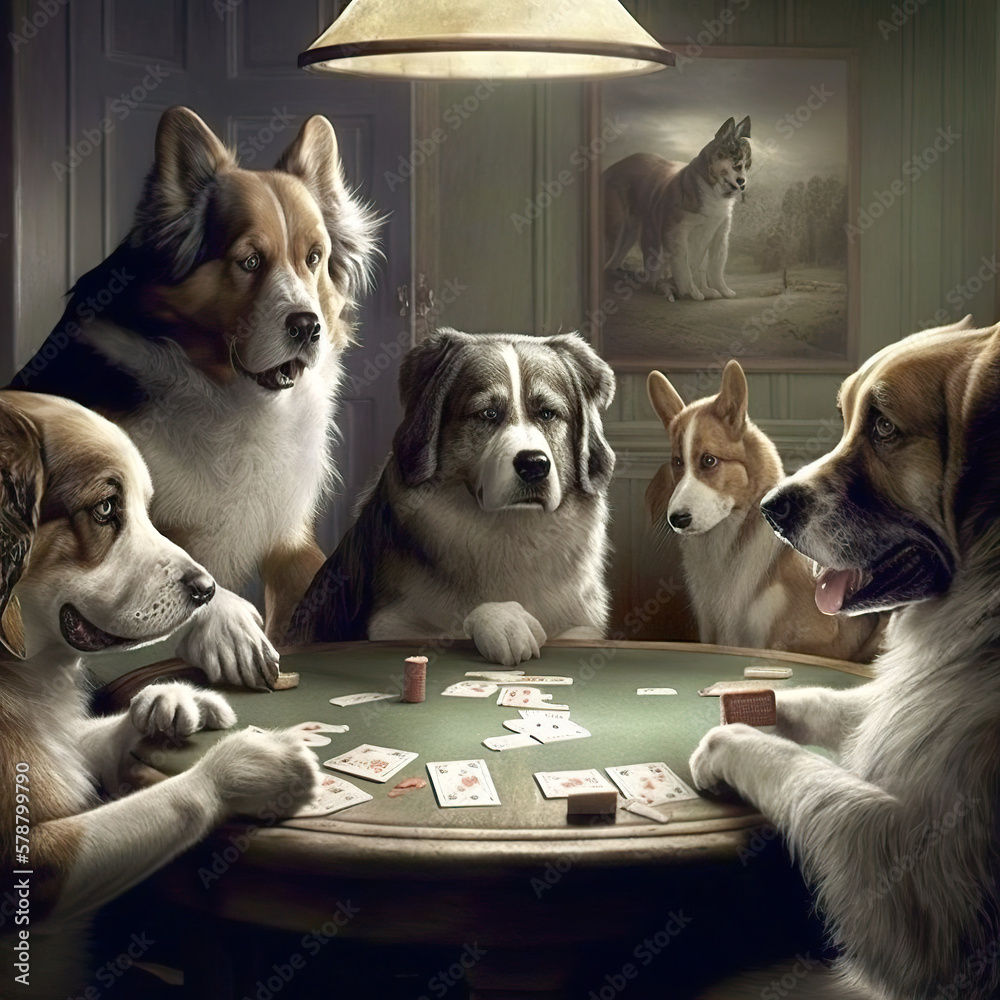 Dogs play poker at the poker table in a pleasant environment. AI generated illustration. Stock