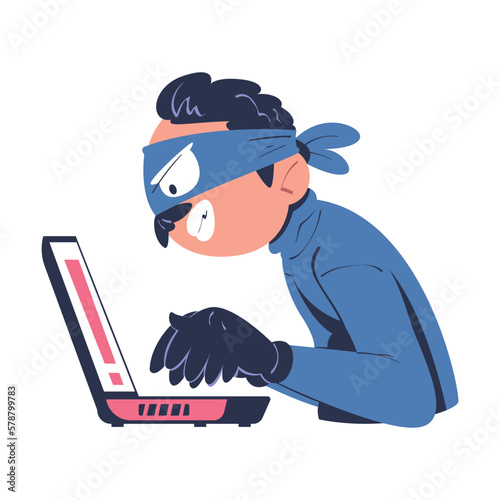 Masked cyber thief stealing private personal data and money. Cyber security and crime, spy access, hacker attack cartoon vector illustration
