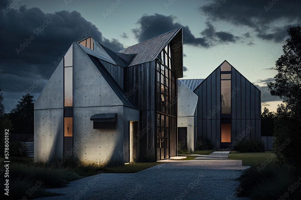 Fototapeta premium Exterior of modern house with large panoramic windows. Living building facade. Created with Generative AI