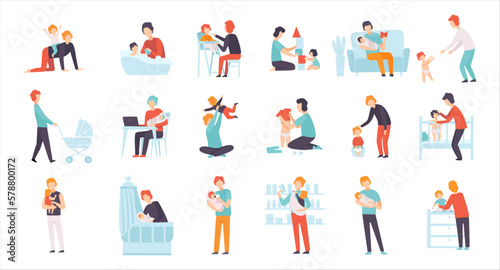 Happy fatherhood. Fathers taking care of their kids set. Parents playing, feeding, dressing, walking with their son and daughters cartoon vector Illustration