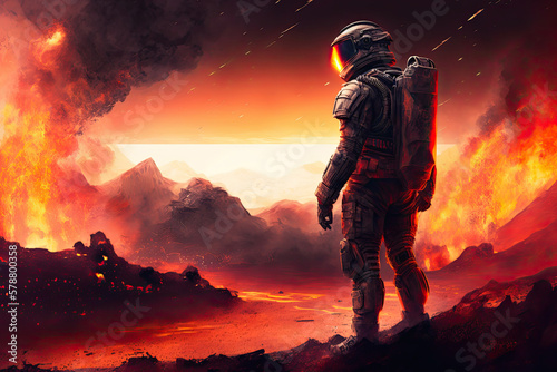 Astronaut on surface of uninhabitable planet. Dangers of space exploration and colonization of planets. Volcanic eruption on an unknown planet. Created with Generative AI