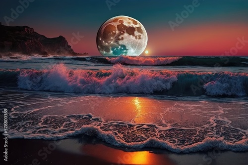 A colorful ocean sunset  complete with waves lapping at the shore and a full moon rising above. Generative AI