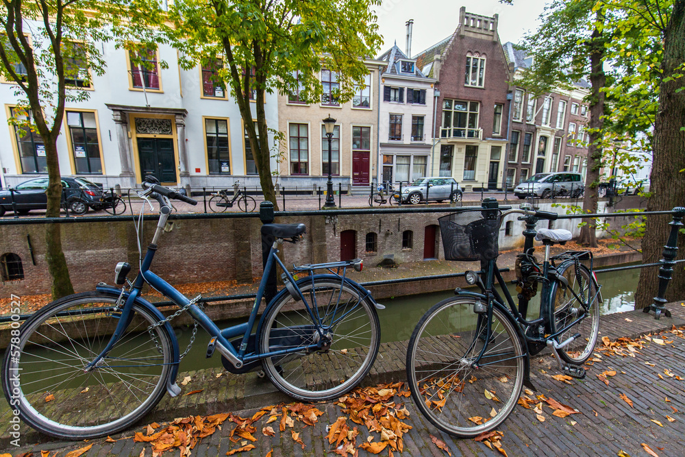 Bikes near the canal in city center of Utrecht, Netherlands