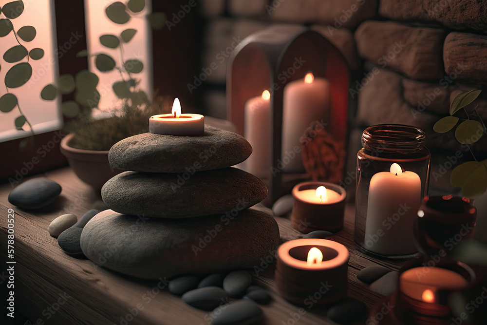Zen stones and burning candles in the room. Set for spa treatment and relax concept. Cozy home interior. Created with Generative AI Zen stones and burning candles in the room. Set for spa treatment and relax concept. Cozy home interior. Created with Generative AI