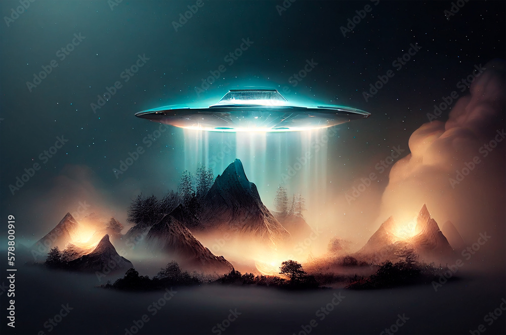 Flying saucer flying in the night sky. Unidentified object. Generative Ai technology. Flying saucer flying in the night sky. Unidentified object. Generative Ai technology.