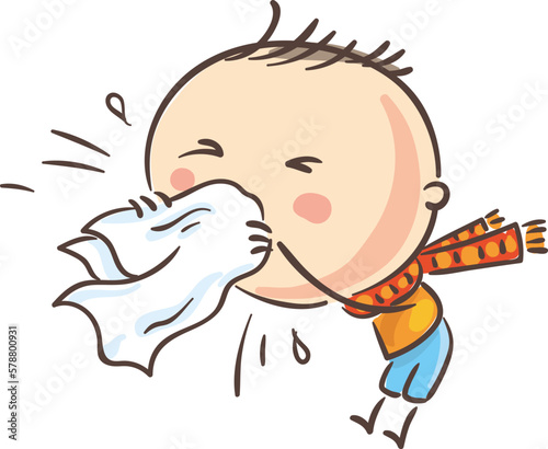 Doodle boy suffering illness like flu. Cartoon kids clipart.