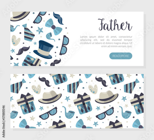 Father horizontal landing page template. Happy Father Day web banner with hat, moustache, necktie, glasses seamless pattern cartoon vector