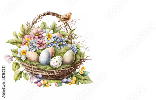 Easter banner. Easter basket with eggs and flowers on a white background. Banner. copy space. generative ai