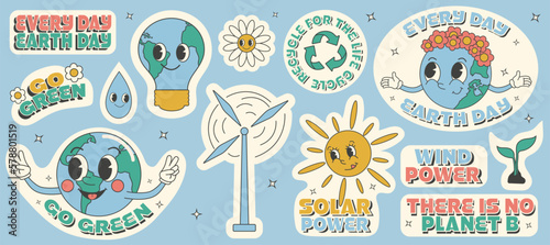 Y2k groovy earth day cartoon sticket set. Environmental protection. Save green planet and ecology concept. Slogans and phrases