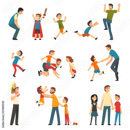 Loving Father Playing and Having Fun with His Kids Enjoying Good Time Together Big Vector Set