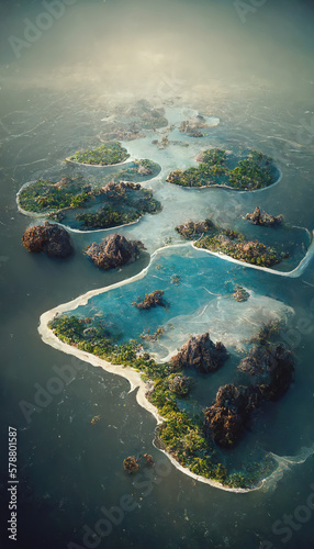 Aerial view of small exotic atoll islands in the open ocean sea. Beautiful nature landscape. Generative AI