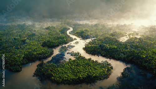 Aerial view of tropical rainforest and river. Climate and nature concept landscape. Generative AI © Bisams