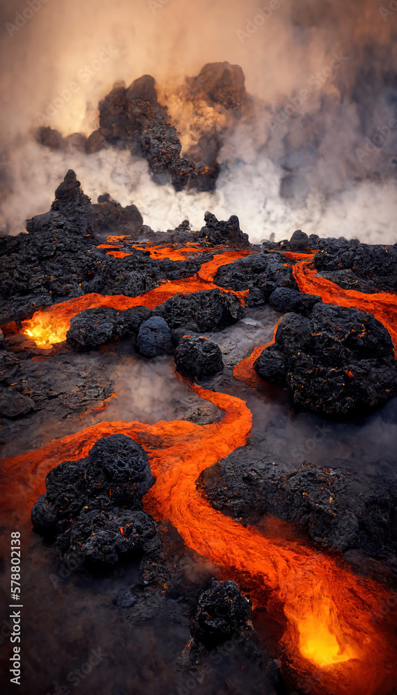 Apocalyptic volcanic landscape with hot flowing lava and smoke and ash clouds. Generative AI Apocalyptic volcanic landscape with hot flowing lava and smoke and ash clouds. Generative AI