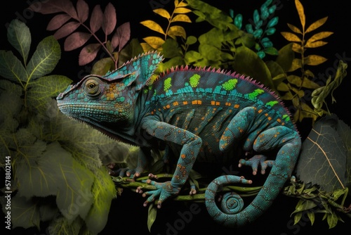 A chameleon from Yemen is shown on a big  black background. Reptile among the leafy greens. Coloration of the skin is vivid. Generative AI