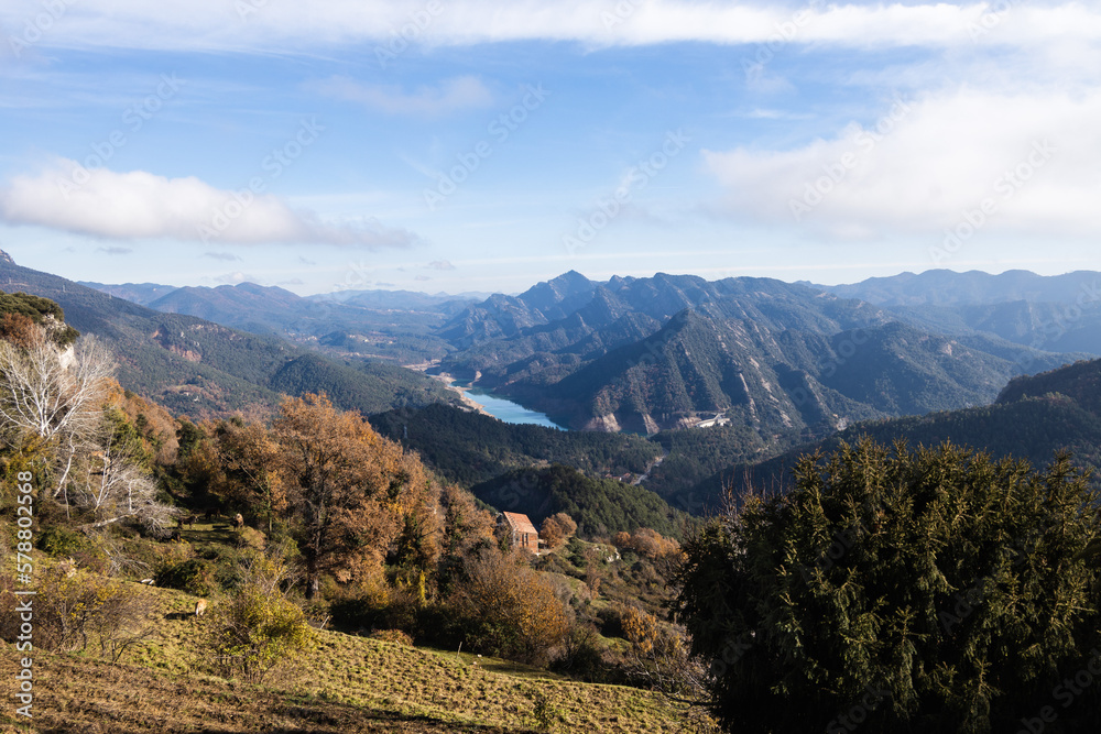 Beautiful viewpoint on the reservoir Baells, Mirador de la Figuerassa near Berga, Catalonia, Spain