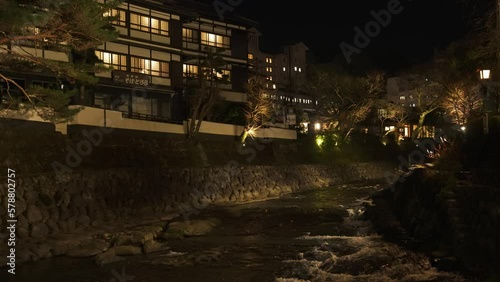 夜の修善寺を流れる桂川　伊豆