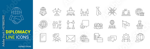 Set of 24 line diplomacy icons. Partners. Editable stroke. Vector illustration