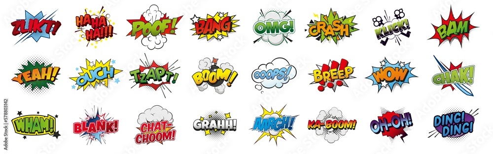 Fototapeta premium Pop art style comic sound effects, PNG Cartoon explosions, sound expression and comic speech bubble, set 1