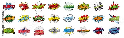 Pop art style comic sound effects, PNG Cartoon explosions, sound expression and comic speech bubble, set 1