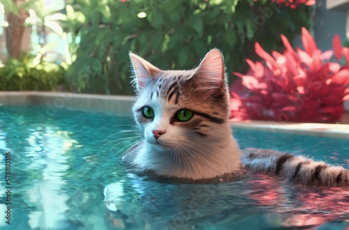 Cute cat in pool. Charming pet swimming in swimming pool in sunny weather. Generative AI.