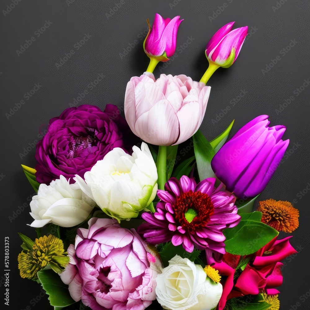 bouquet of tulips on table, background, different colors of flowers, on a background