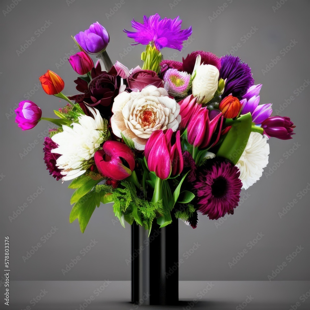 bouquet of tulips in vase, different colors of flowers, on a background