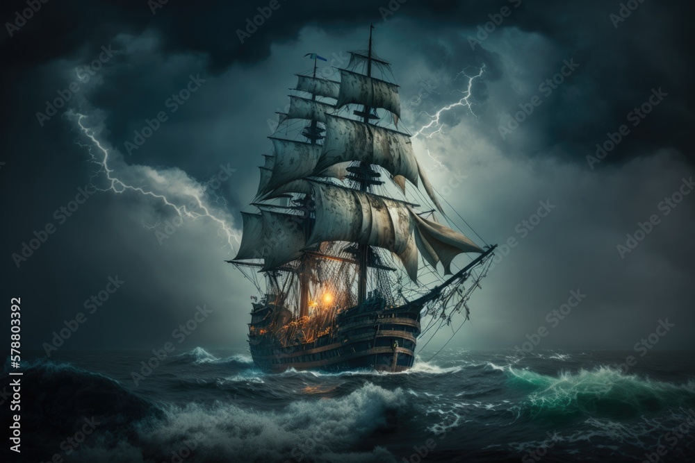 Fototapeta premium Pirate ship in lightning storm, wallpaper.