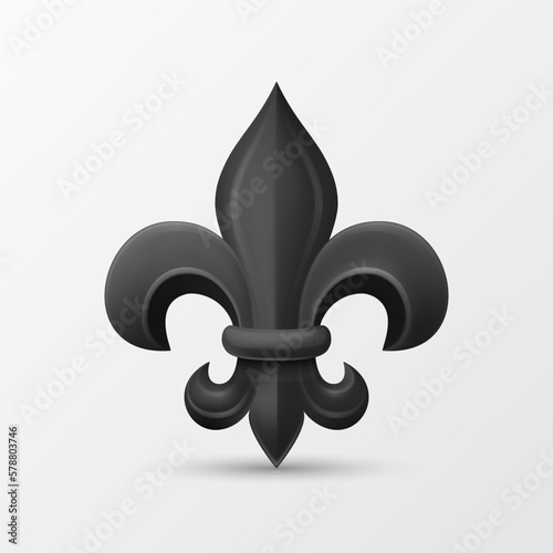 Vector 3d Realistic Black Fleur De Lis Icon Closeup Isolated on White Background. Heraldic Lily Collection, Front View. Vector Illustration