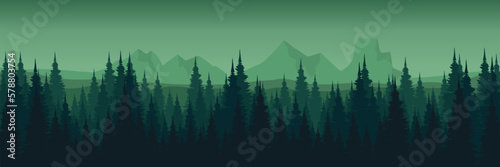 nature mountain landscape panorama with tree silhouette flat design vector illustration good for wallpaper, background, backdrop, banner, and design template	