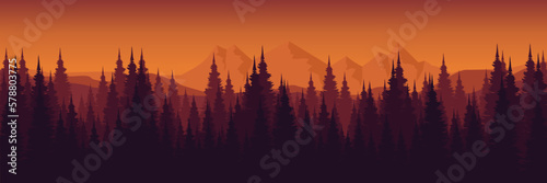 nature mountain landscape panorama with tree silhouette flat design vector illustration good for wallpaper, background, backdrop, banner, and design template 