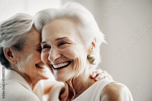 Portrait of two elderly women with gray hair hugging and laughing. Happy old age concept with friends and family. Generative ai