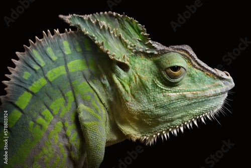 Green Veiled chameleon  Chamaeleo calyptratus  head  viewed from the side. Generative AI